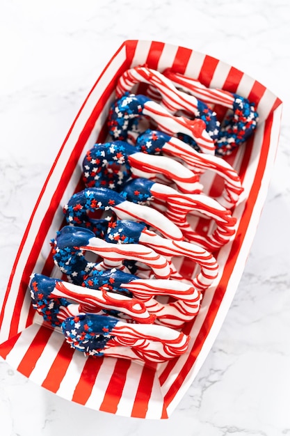 Red white and blue chocolate covered pretzel twists