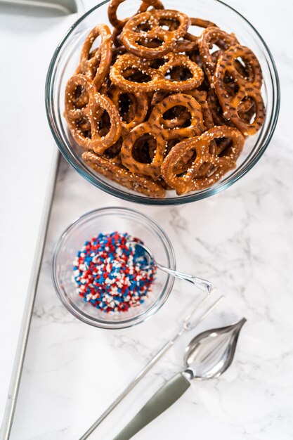 Red white and blue chocolate covered pretzel twists