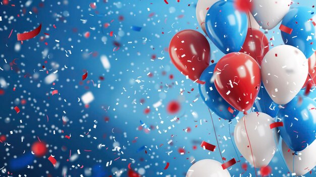 Red white and blue confetti and balloons for the USA national holiday are displayed on a digital backdrop