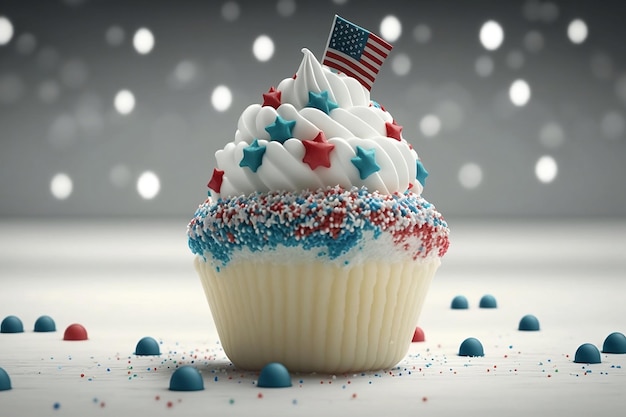 Red, white and blue cupcake with American flag on top