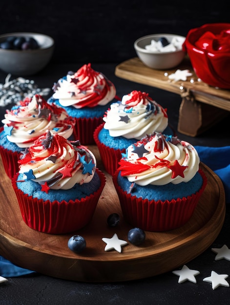 상단에 파란색 별이 있는 빨간색, 흰색 및 파란색 컵케이크.