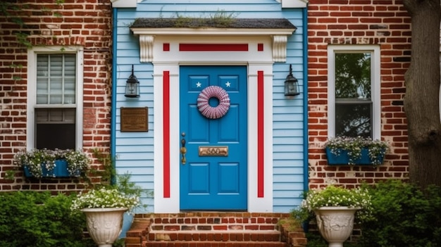 Красно-бело-голубые украшения на каждой двери