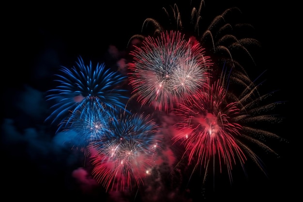 A red, white and blue fireworks display is lit up in the dark.