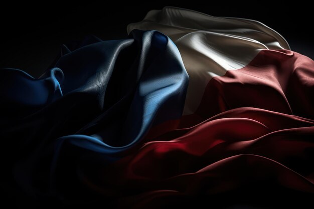 A red, white and blue flag is in the dark
