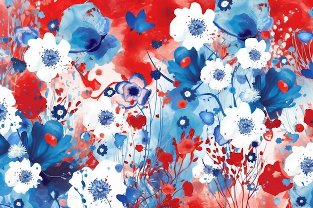 A red, white and blue floral pattern with white flowers