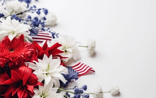 赤白と青の花と小さなアメリカ国旗テキスト スペース コピー スペース テキスト エリア バナー