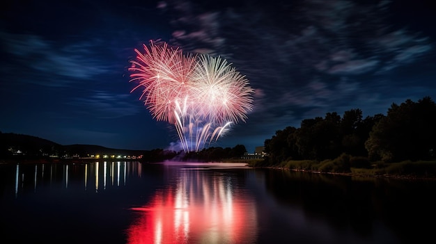 red white and blue independence day fireworks over the river at night