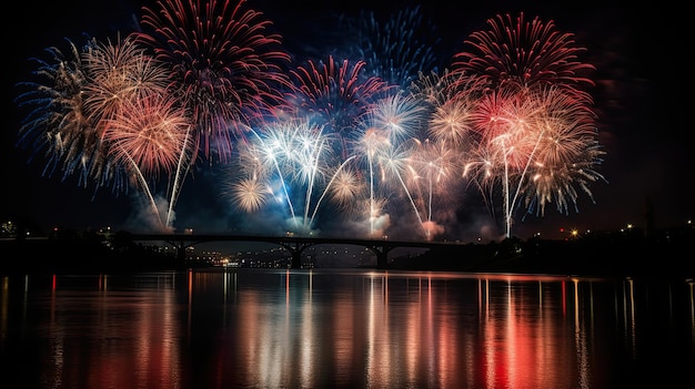 夜の川に赤白と青の独立記念日の花火が上がる