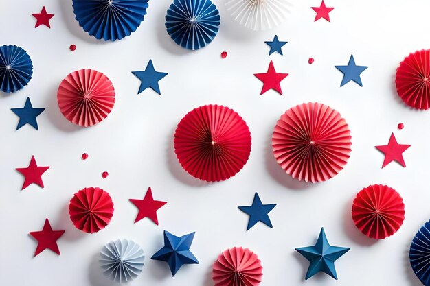 Photo red, white and blue paper flowers with a red and blue star on the top.