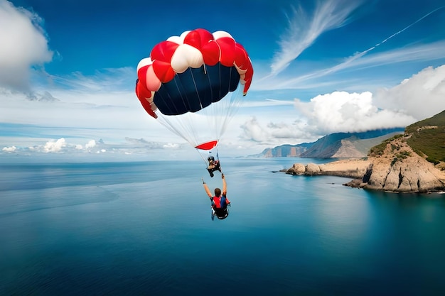 A red, white, and blue parachute with a man in a red shirt and a red and white parachute