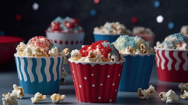 Red white and blue popcorn in a bucket