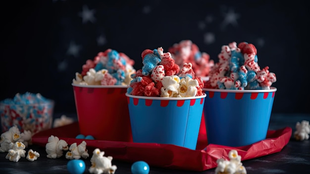 Red white and blue popcorn in a bucket