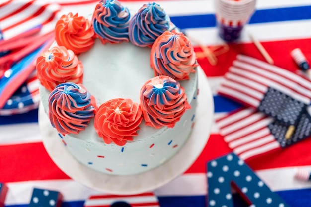 Red, white, and blue round vanilla cake with buttercream frosting for July 4th celebration.