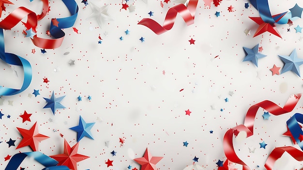 Red white and blue stars and streamers on a white background Perfect for 4th of July or Memorial Day