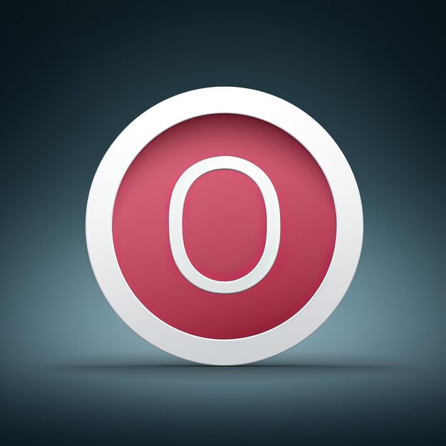 a red and white button with the letter o on it