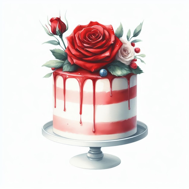 a red and white cake with roses and roses on it