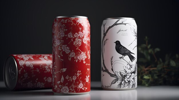 A red and white can with a bird on the label