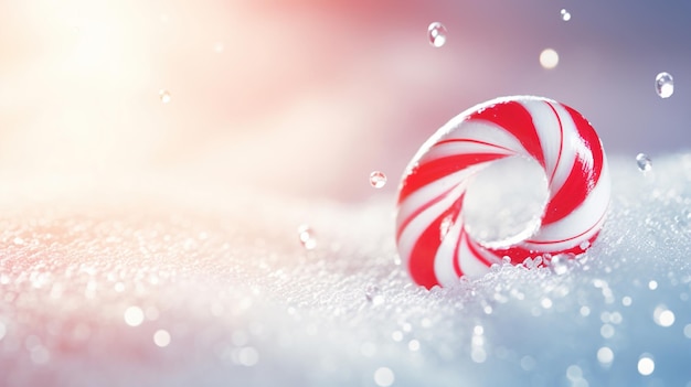 a red and white candy cane ball in the snow