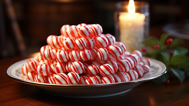 Foto bastoncini di caramelle rosse e bianche sul tavolo