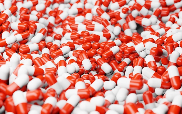 Red white capsules pile of pills on background pharmaceutical industry medicine and vitamins health care products pharmacy and drug antibiotics and painkillers food supplement 3d illustration