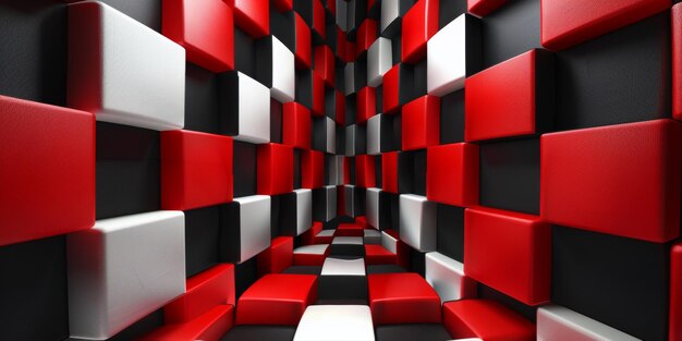 A red and white checkered room with black and white blocks stock background