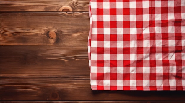 A red and white checkered tablecloth on a wooden table.