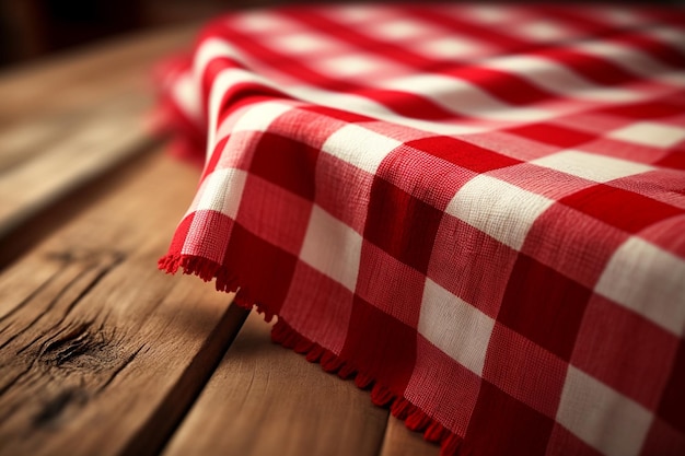 A red and white checkered tablecloth on a wooden table.