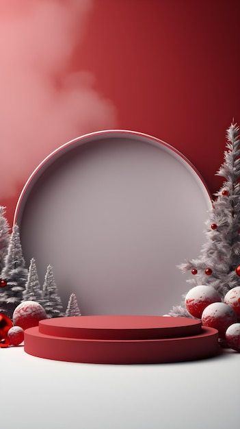 Red and White Christmas background with a Christmas tree for Product and Text