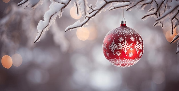 a red and white christmas ball hangs from a tree branch in the style of mikko lagerstedt