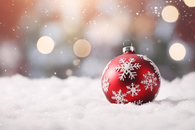 red and white christmas ball on snowflakes background