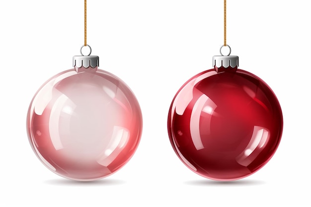 Photo a red and a white christmas balls hanging in isolation on a transparent background