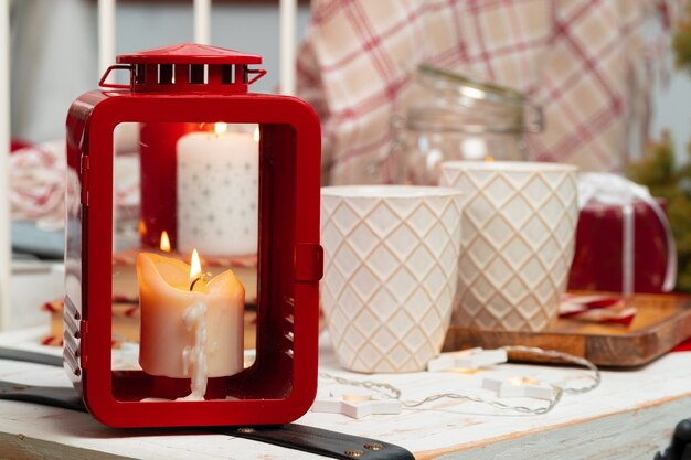 Red and white christmas candles interior decoration