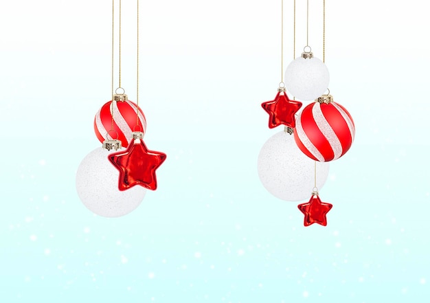 red and white christmas decorations on blue background with copy space