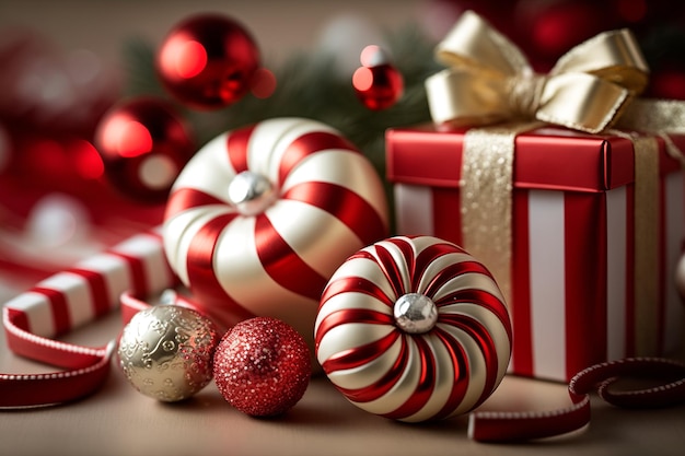 A red and white christmas gift box with a red and white candy canes on top.