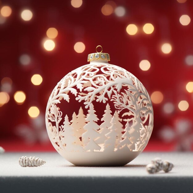 A red and white christmas ornament sitting on top of a table