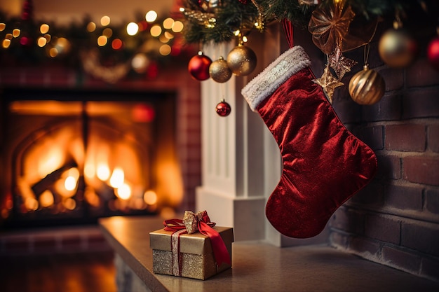A red and white christmas stocking hanging from a fireplace festive and magic atmosphere