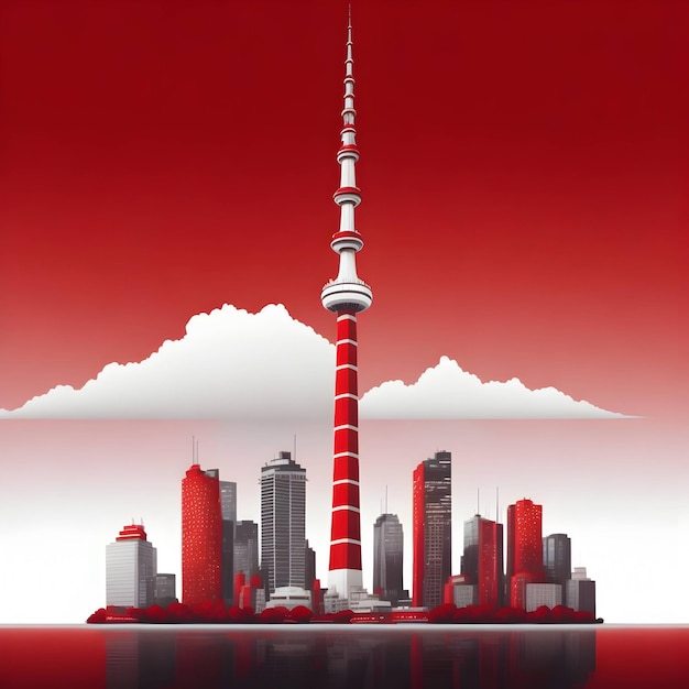 A red and white cityscape with a tall tower in the middle.