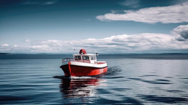青い海に浮かぶ赤と白の沿岸警備隊のボート 生成 AI