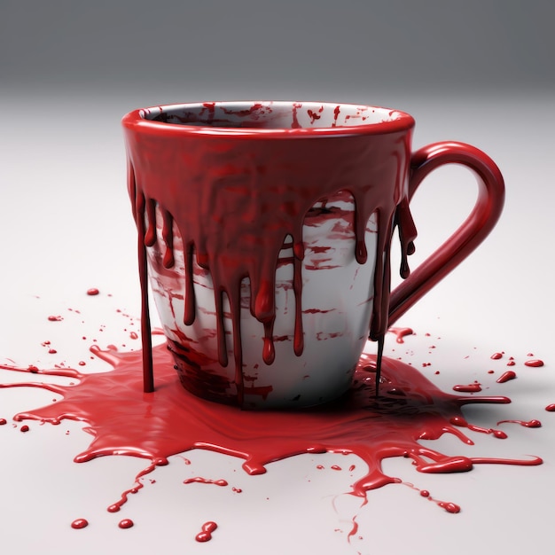 A red and white coffee cup with blood on it