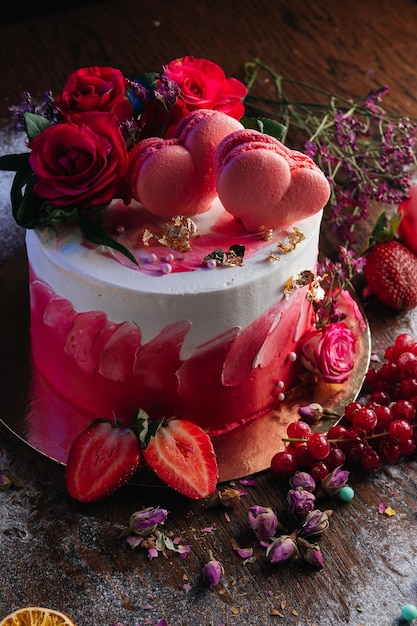 Red white cream cake with roses and hearts