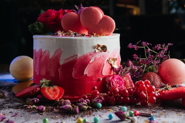 Red white cream cake with roses and hearts