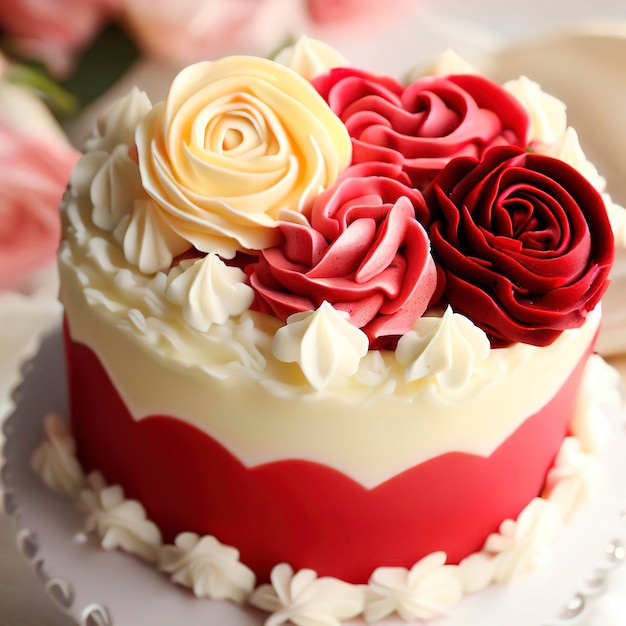 Red white cream cake with roses and hearts