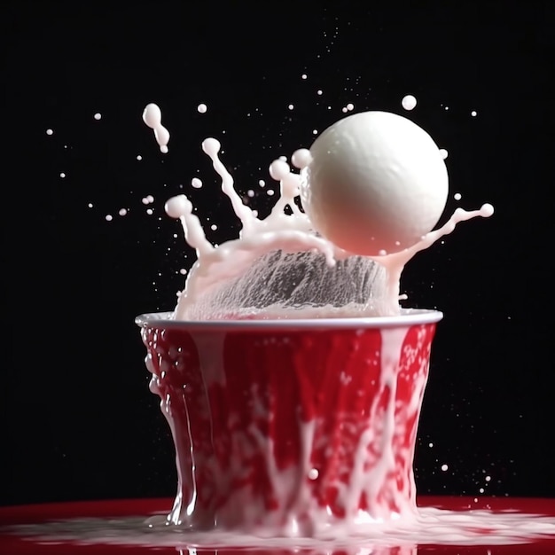 a red and white cup with a white egg in it