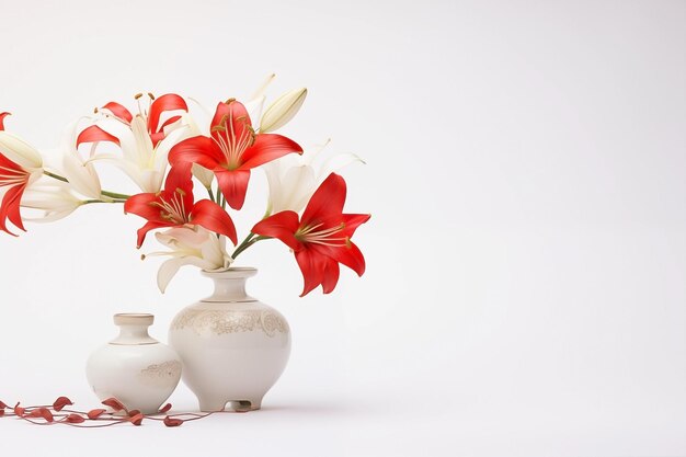 Red and white decoration on background with fresh chinese white lily flowers Copy space for text