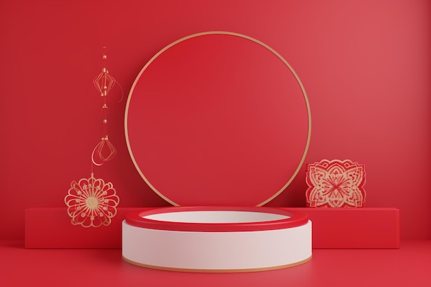 A red and white display stand with a round stand in the middle.