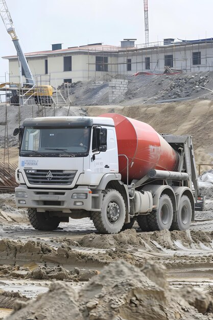 Photo a red and white dump truck is parked in a pile of dirt