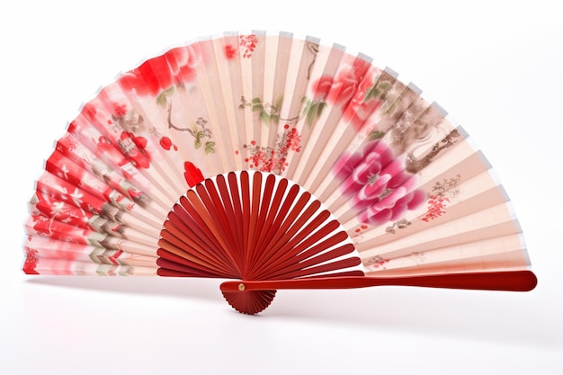 A red and white fan has a floral pattern on the back.