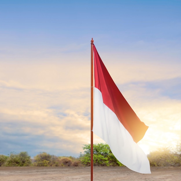 The red and white flag of Indonesian flag with sunlight background