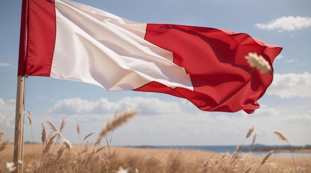 A red and white flag is blowing in the wind by Generative AI