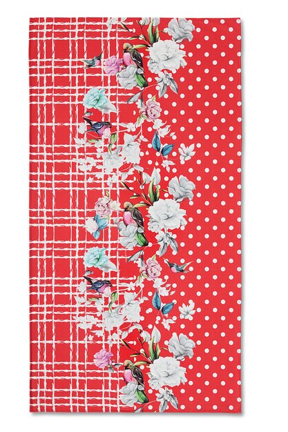 A red and white floral fabric with a butterfly on it.